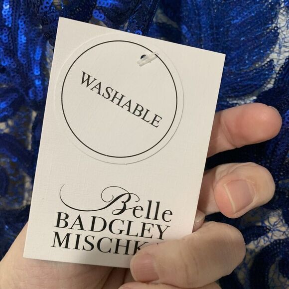 Belle Badgley Mischka | Dress Gloria Blue Sequin Short Sleeve Knee Length NWT- 8 - Picture 9 of 10